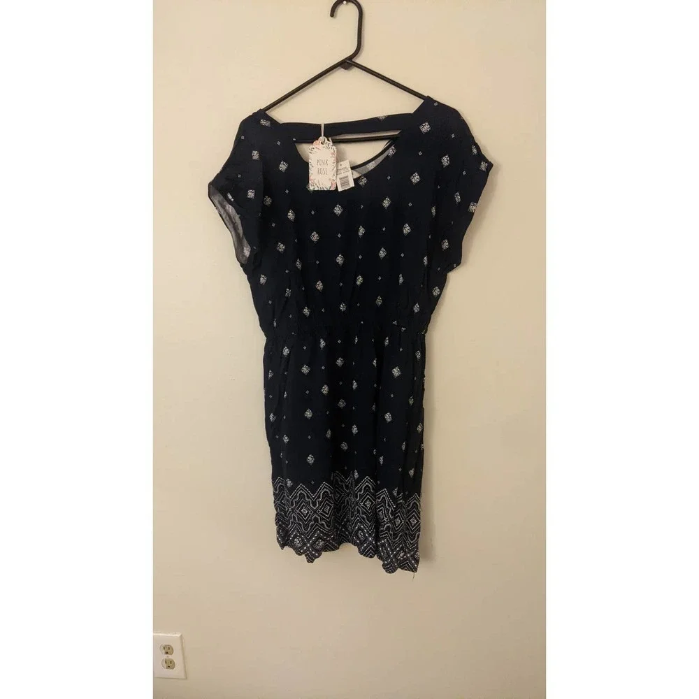 Pink Rose Boho Dress XL, Navy Blue Midi, NWT - Picture 2 of 11